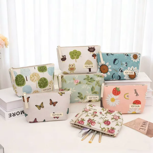Cross-Border Canvas Cosmetic Bag, Large Capacity, Hand-Held Toiletry Storage Bag, Printed Zipper Coin Purse, Student Pencil Case, in Stock