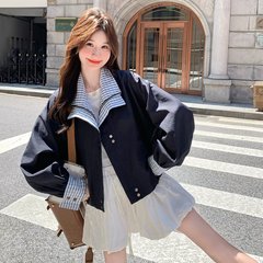 美式街头复古格纹拼接假两件棒球服女高级感宽松时尚工装夹克外套