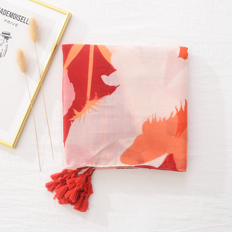 Primavera y verano Brillante bufanda de seda fina chal de mujer artística versátil mariposa de tinta de salpicaduras impresa bufanda de borla de algodón y lino