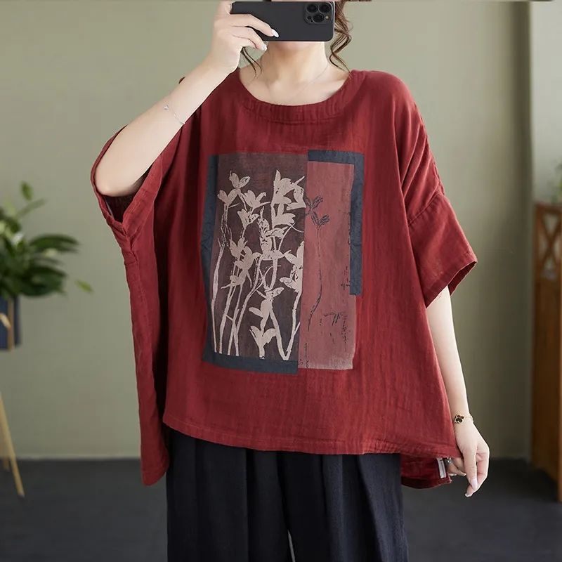 Cotton and linen short-sleeved T-shirt for women Summer plus size Chubby Girl Loose western style printed belly-covering slimming T-shirt