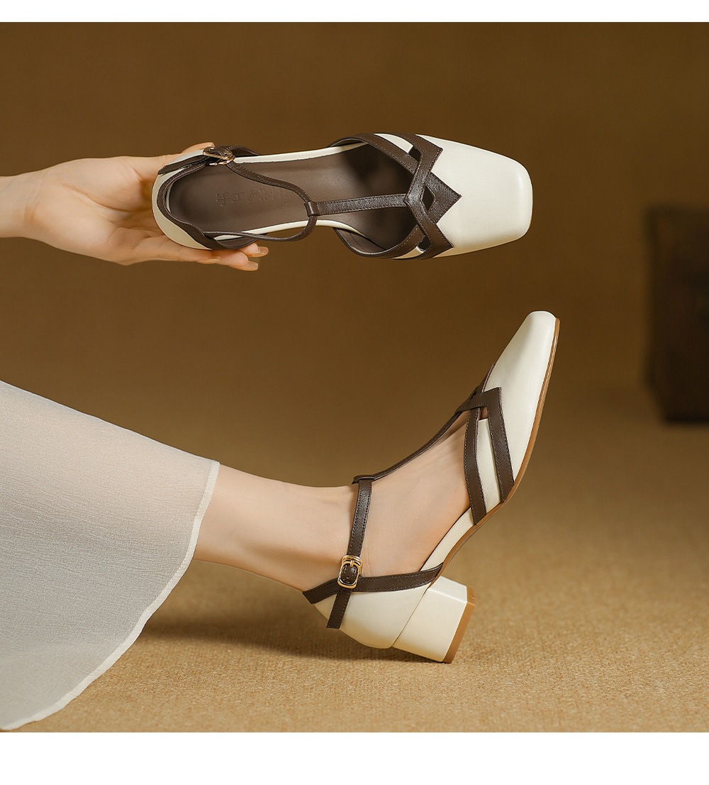 Sandal nữ mũi nhọn quai chữ T gót vuông cổ điển phối màu da bò — đen chi tiết 5