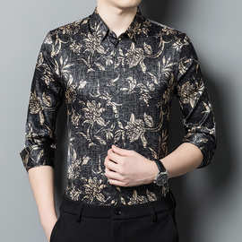 2025春秋男式桑蚕丝衬衫新品长袖中年时尚薄款衬衣真丝休闲爸爸装