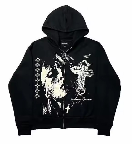 Men's Clothing New Graffiti Letters Zipper Cardigan Hooded Sweatshirt Women Spring And Autumn Thin American Lazy Style Short Jacket_viptrois.com