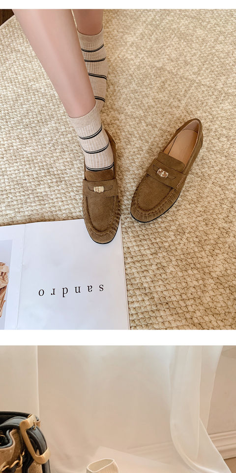 Giày lười nữ da bò nhăn nhúm phong cách retro, gót thô 6–8 cm, mũi tròn xỏ chân — Màu kaki, Màu nâu cà phê chi tiết 3