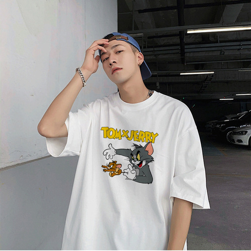 White short-sleeved T-shirt for men, summer American casual sports loose top oversize half-sleeve t-shirt