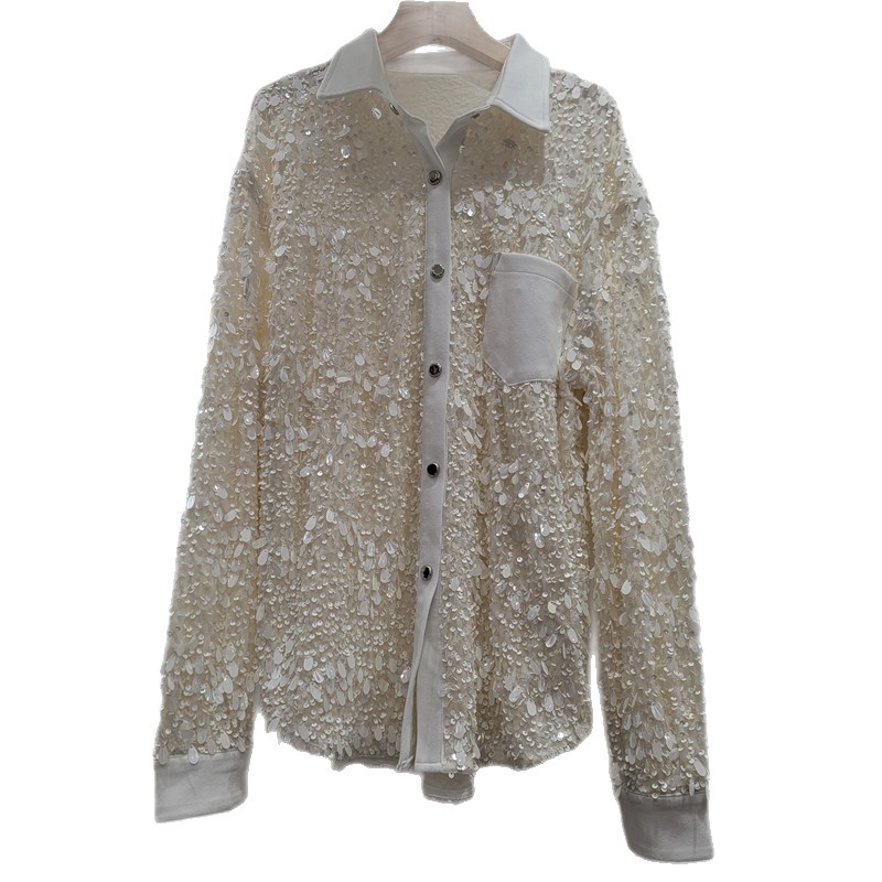 Diseño de cuentas de lentejuelas de estilo europeo y americano camisa de nicho avanzada moda relajada camisa casual moda femenina