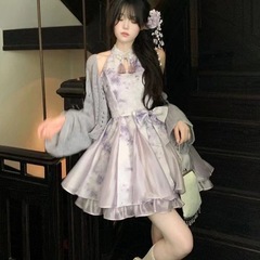 2025新中式国风梦幻紫印花旗袍连衣裙春秋装新款白月光氛围感套装