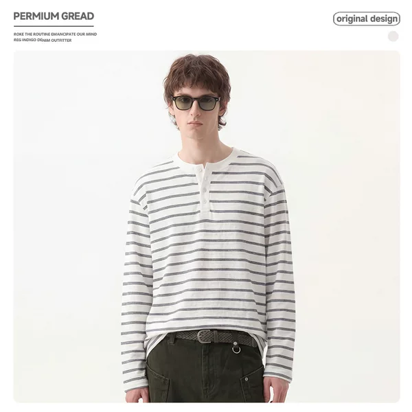 American Retro Style Lyocell Striped Henley Collar Long-Sleeve T-Shirt Unisex Casual Workwear Trendy Brand Base Shirt