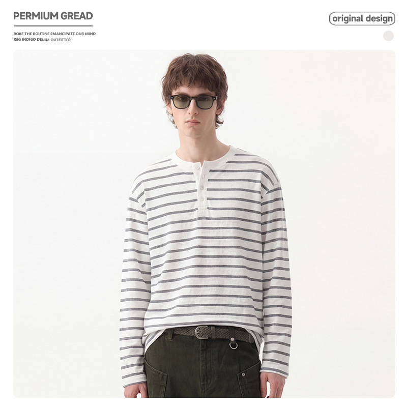 American Retro Style Lyocell Striped Henley Collar Long-Sleeve T-Shirt Unisex Casual Workwear Trendy Brand Base Shirt American Retro Style Lyocell Striped Henley Collar Long-Sleeve T-Shirt Unisex Casual Workwear Trendy Brand Base Shirt