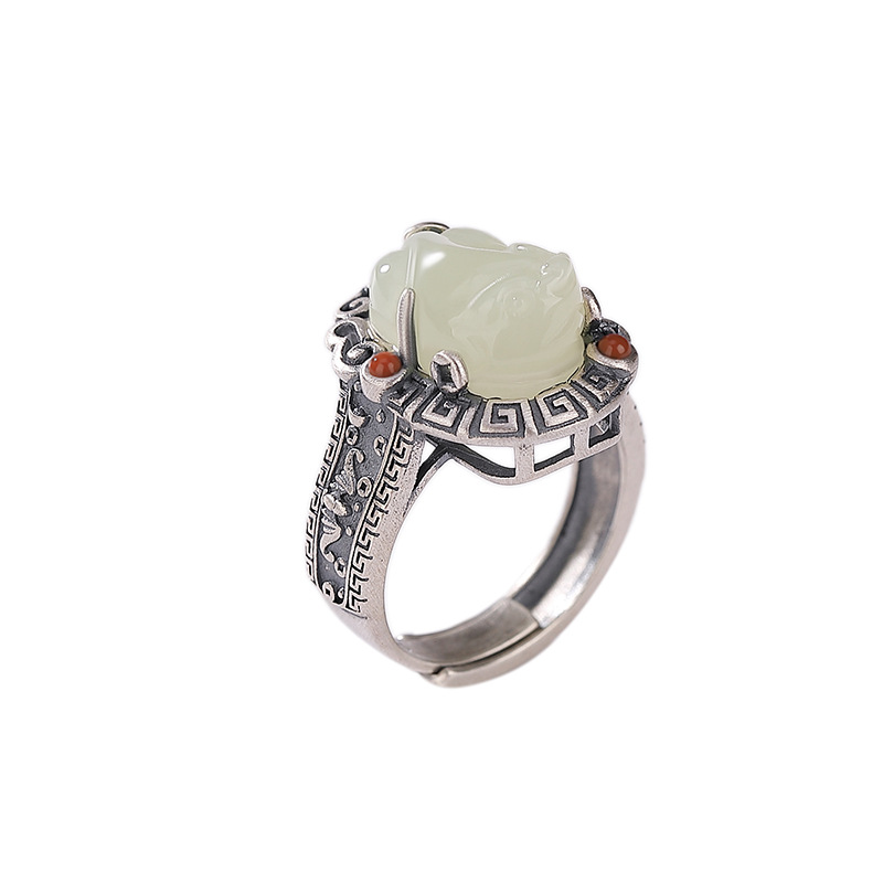 Nhẫn Pixiu ngọc bích Hetian bạc S925 thiết kế cổ điển Trung Hoa — Mở (một kích thước)