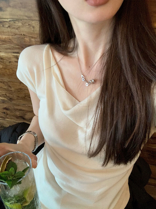 シャンソン～テンセル蚕桑シルク無地スイングカラー小さめニット半袖Tシャツ薄手スリムトップスレディース夏高級感|undefined