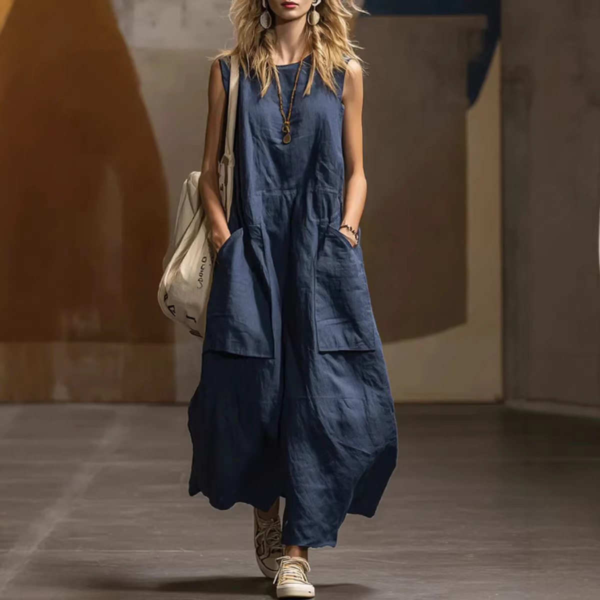 2026欧美跨境亚马逊独立站春夏女士宽松简约无袖口袋棉麻连衣裙