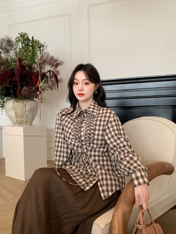 诠释美 NEWOPEN 25秋文艺复古气质系带斜门襟长袖格子衬衫女F6105|undefined