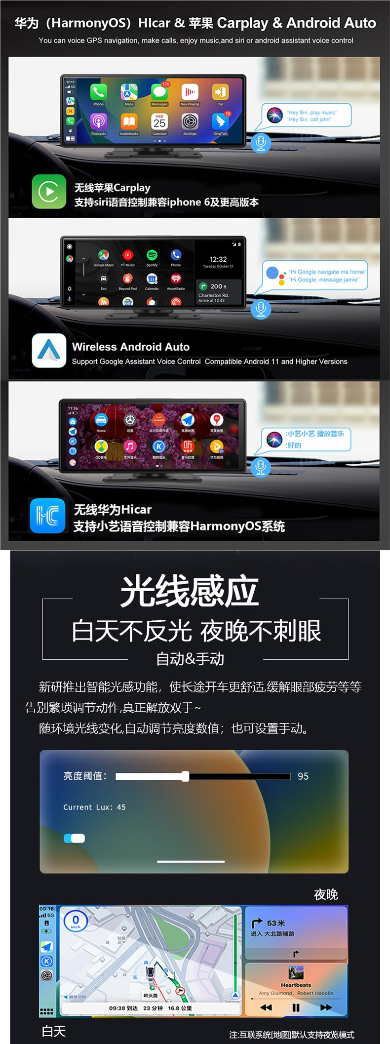 Wireless Carplay Portable Screen Car Center Console Navigator Hicar Smart Screen Driving Recorder All-In-One Device