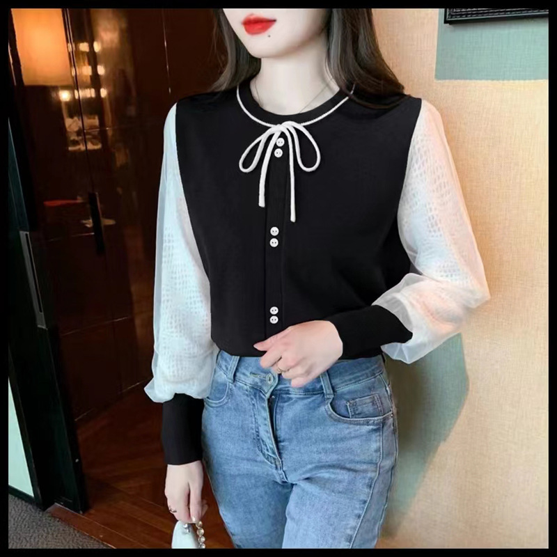 Stitching Mesh Long-sleeved Sweater Women's Base Shirt Autumn and Winter Inner Wearing Round Neck Lace-up Bow Knitwear Women Stitching Mesh Long-sleeved Sweater Women's Base Shirt Autumn and Winter Inner Wearing Round Neck Lace-up Bow Knitwear Women