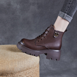 Genuine Leather Martin Boots Women's Autumn and Winter Single Boots 2024 New fleece-lined Full Cowhide Small Thick Heel Thick Bottom Short Boots