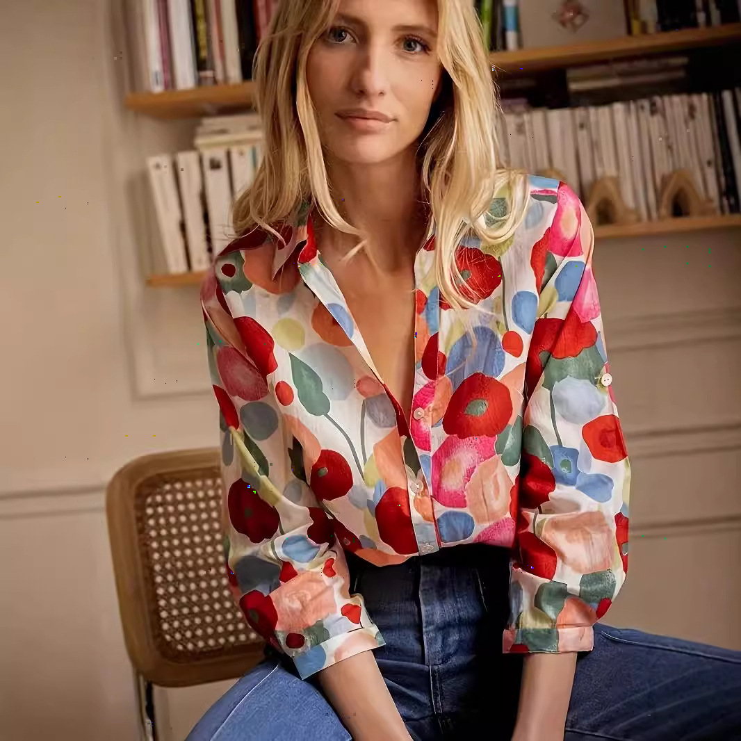 2024 Cross-border Foreign Trade 3D Digital Printed Women's Fashion Long-Sleeved Shirt, New Hot-Selling Floral Top