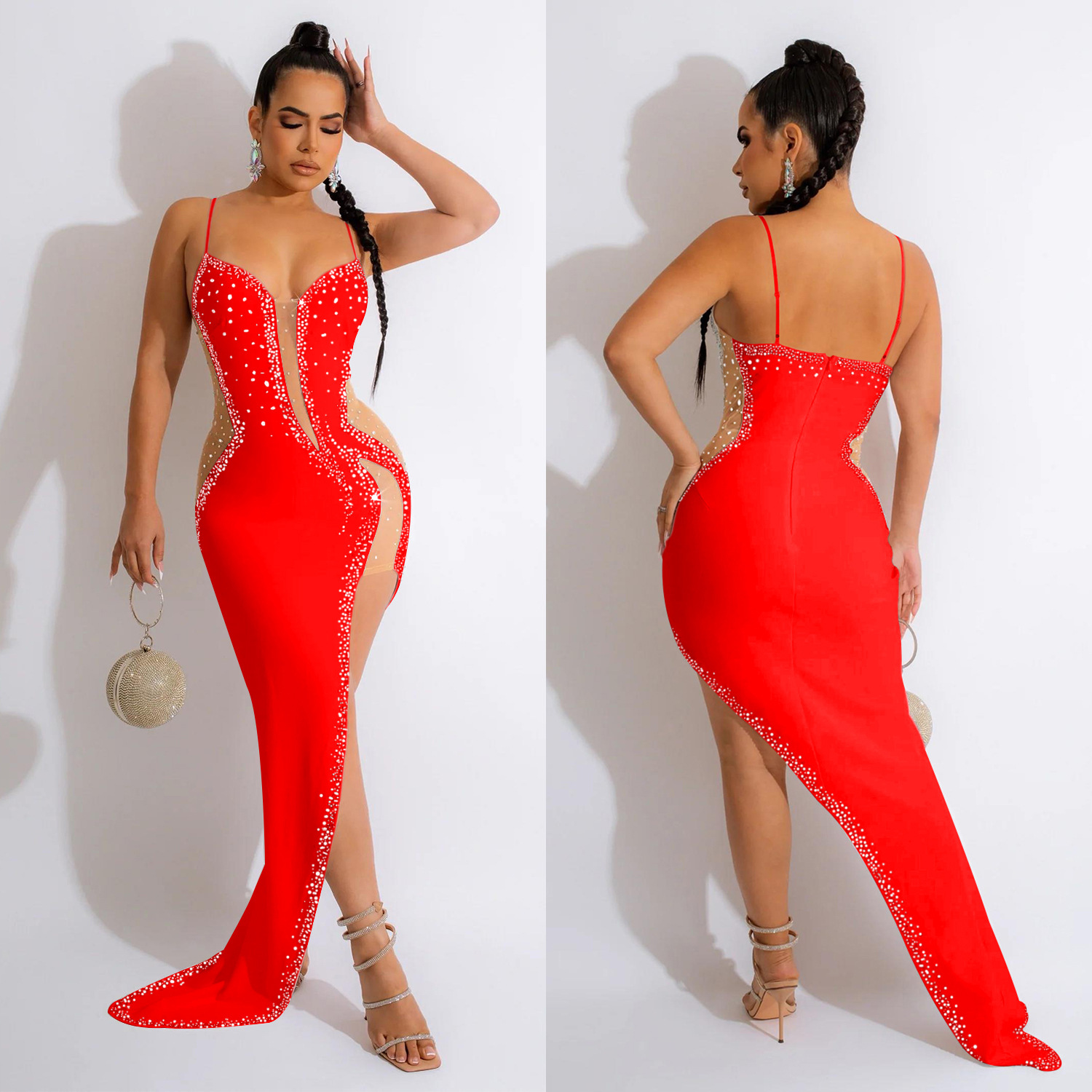 C6039 AliExpress Amazon moda europea y americana de las mujeres de color sólido rhinestone vestido con cuello en V sin mangas correa de hombro vestido de las mujeres image 3