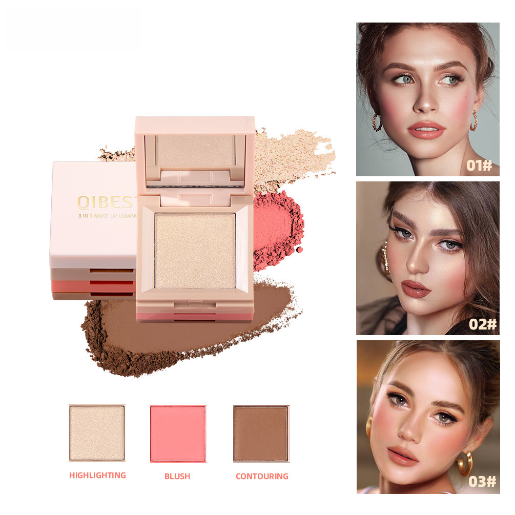 QIBEST3-in-1 facial makeup box high gloss blush pearlescent polarized three-dimensional matte natural non-flying powder eyeshadow plate
