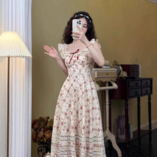 法式无袖蕾丝碎花连衣裙女秋季新款韩系诗莓田园风方领吊带长裙女
