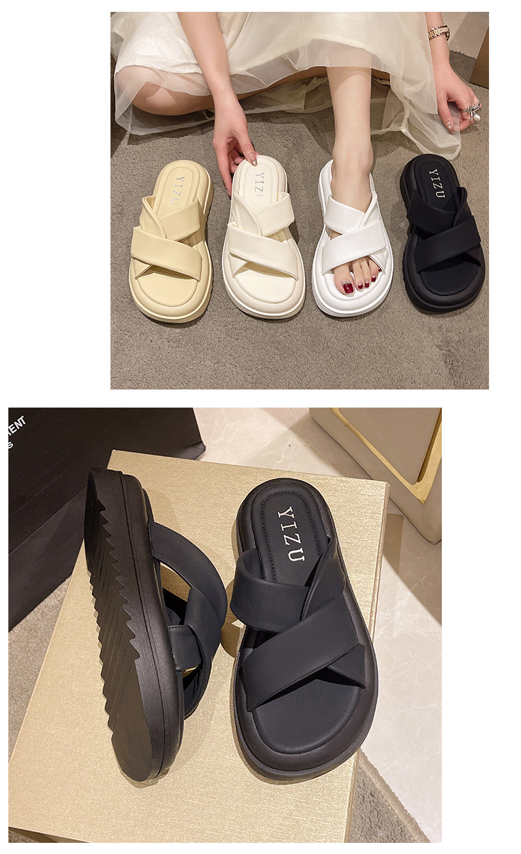 Koreansk version nye tøfler med kryds og tyk sål kvinder, enkle ensfarvede strandtøfler, en fods hjemme- og udendørstøj,_voghion.com