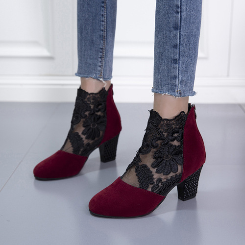 Elegant European and American lace-up high-heel, color-blocked sandals for women with round toes and thick heels