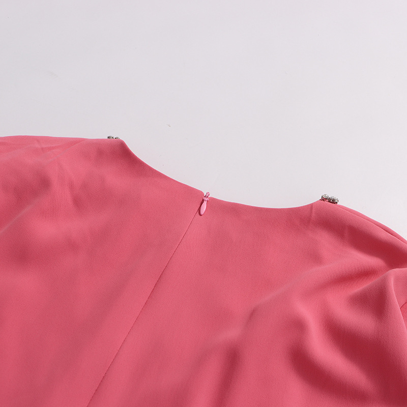 Elegant French-Style Cape Dress With Rhinestone Details - Flowy Batwing Sleeve Maxi Dress For Women, Soft Pink Pure Color Stretch_ecoleips.com