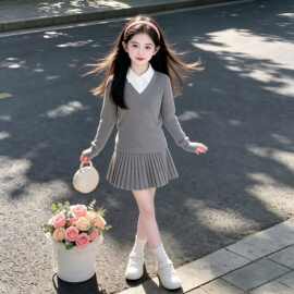女童假两件针织衫女2026早秋新款设计感小众打底上衣配半身裙套装