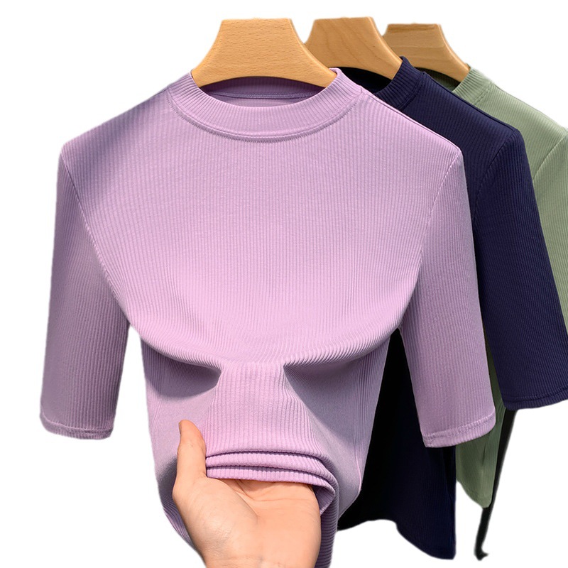 Camisa de fondo de hilo de mujer 2023 nueva camiseta de media manga de cuello alto elegante para mujer Camiseta de media manga interior elástica