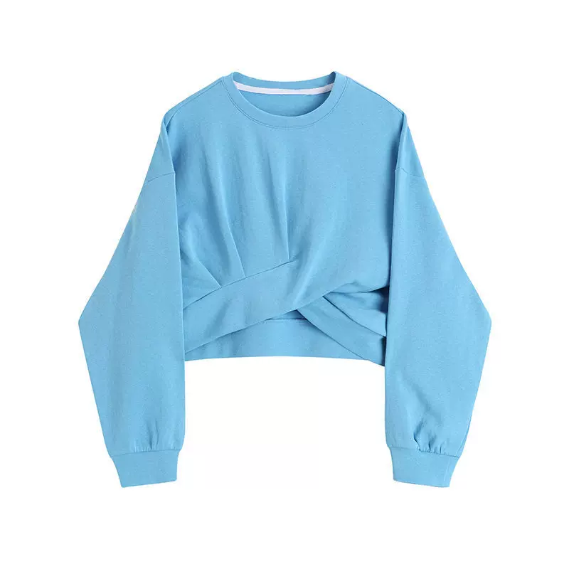 2025年韩版套头卫衣女设计春秋季不规则露脐短上衣休闲长袖T恤潮