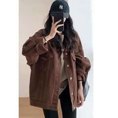 棕色牛仔外套女春秋款早秋季美式复古工装夹克感上衣