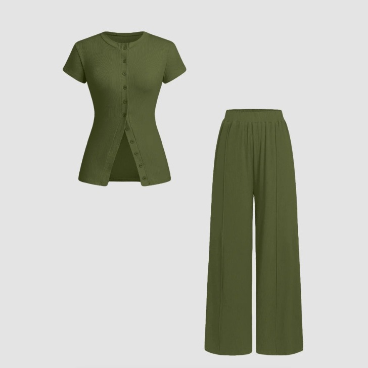 Completo da donna a maniche corte, tinta unita, a vita alta, stile transfrontaliero europeo e americano, modello 2025, nuovo set a due pezzi con maniche corte, tinta unita e vita alta._voghion.com