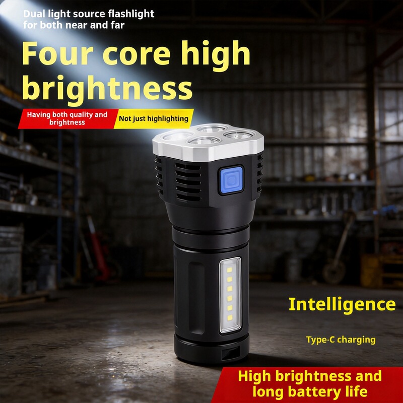 Cross-Border Outdoor Handheld Quad-Core High-Brightness Flashlight, Household Rechargeable Cob Side Light, Portable Lighting Device Cross-Border Outdoor Handheld Quad-Core High-Brightness Flashlight, Household Rechargeable Cob Side Light, Portable Lighting Device