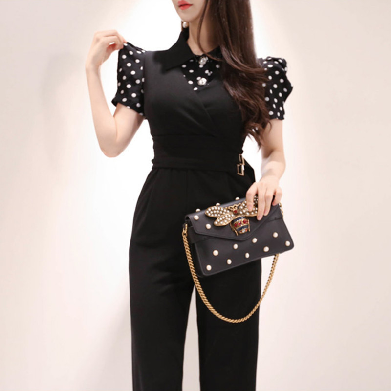 Cross-border 2025 Korean-style Slim-fit Polo-dot Bubble Shirt Sleeveless V-neck Waistline Two-piece Pants Set