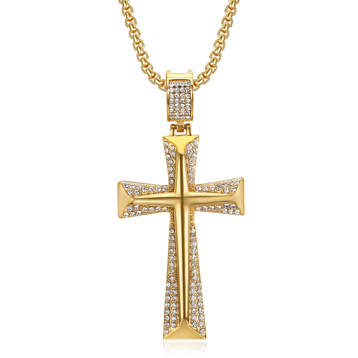 Titanium Steel Material Cross Pattern Hip-Hop Cross Titanium Steel Plating Rhinestones 18K Gold Plated Men's