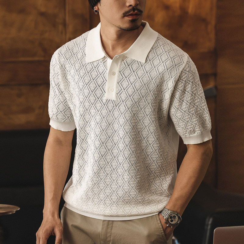 Italian-Style New Aristocratic Old Money Style Diamond-Patterned Knit Polo Shirt Short-Sleeve T-Shirt for Men, Summer Ice Silk Hollow Jacquard Top for Men