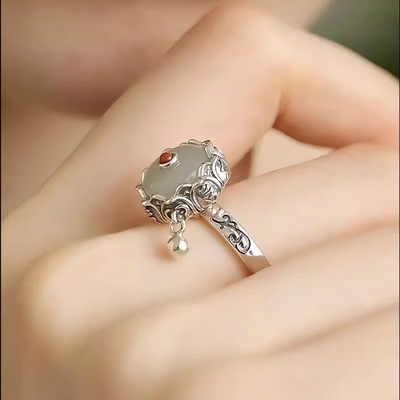 Rotatable Prayer Wheel Ring for Women, Retro Old Lotus Safety Buckle, Chinese Ethnic Style Live Ring for Women