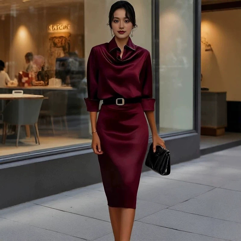 New European and American style satin shirt dress with a ruffled collar, long sleeves, a fitted waist, and a belt, creating an elegant and versatile midi dress suitable for work or casual wear New European and American style satin shirt dress with a ruffled collar, long sleeves, a fitted waist, and a belt, creating an elegant and versatile midi dress suitable for work or casual wear