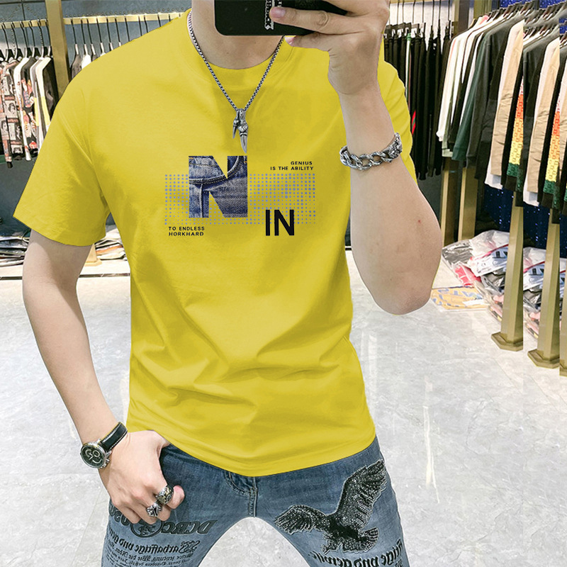 Herren T-Shirt, kurzarm, reine Baumwolle, neue koreanische Version, trendig, vielseitig, schmale Passform, bedruckt im westlichen Stil, halb_voghion.com
