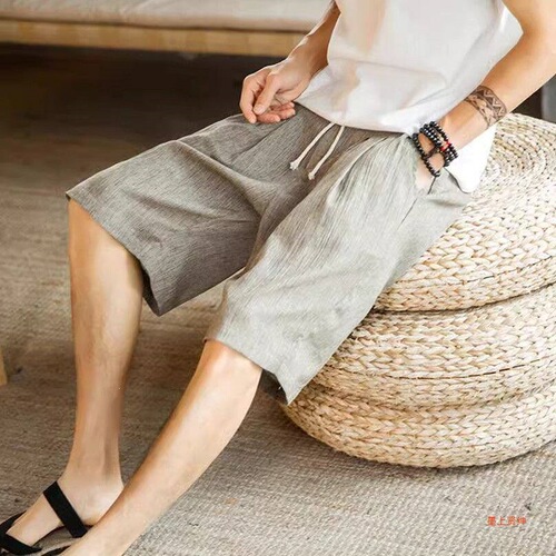 Linen shorts for men, summer outer wear, men's casual quarter pants, summer thin loose cotton and linen pants, ice silk pants