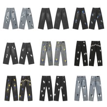 春秋款潮牌潮男牛仔裤高街美式宽松水洗贴皮十字架直筒男女款长裤