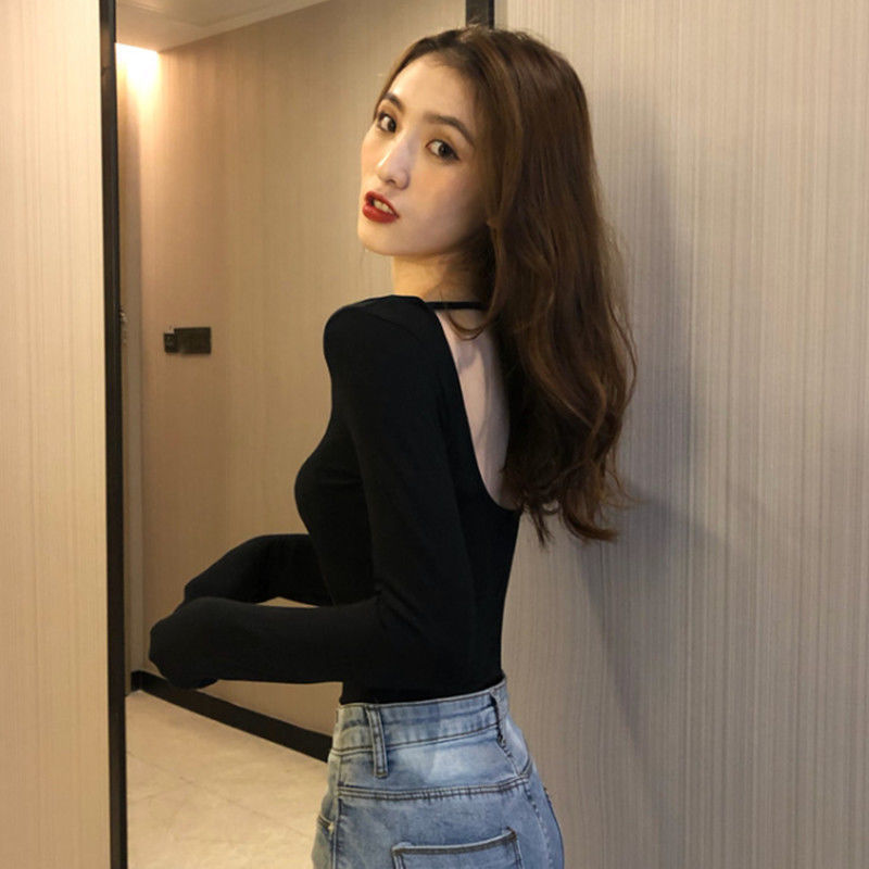 Backless Top Women's Sexy Low Collar Pure Black Base Shirt Spring Wear Women's Fashionable T-Shirt Tight Inner Long Sleeve T-Shirt Backless Top Women's Sexy Low Collar Pure Black Base Shirt Spring Wear Women's Fashionable T-Shirt Tight Inner Long Sleeve T-Shirt