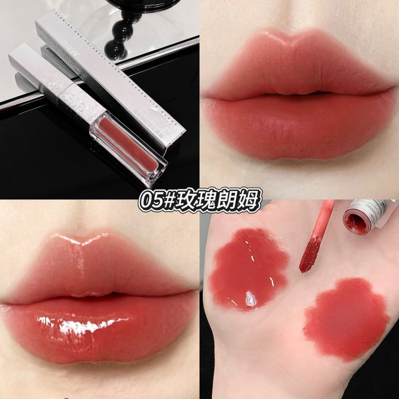 Kakashow fluye brillante doble cabeza labios brillante seda seda de desarrollo de color espejo transparente esmaltado doble efecto lápiz labial