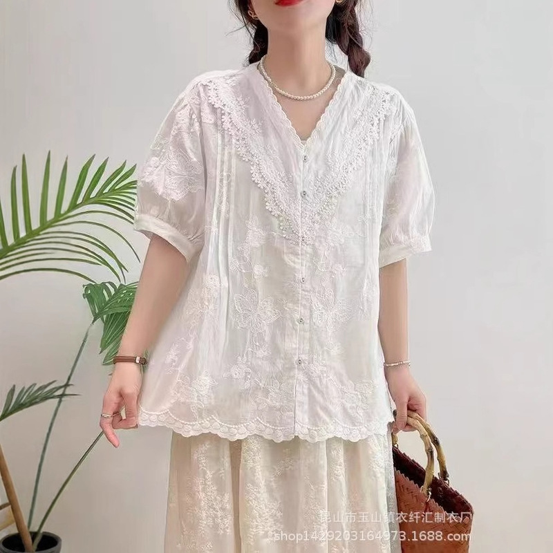 Summer New Japanese Mori Girl Retro V-Neck Lace Loose Versatile Short-Sleeve Shirt Top Women's Slimming