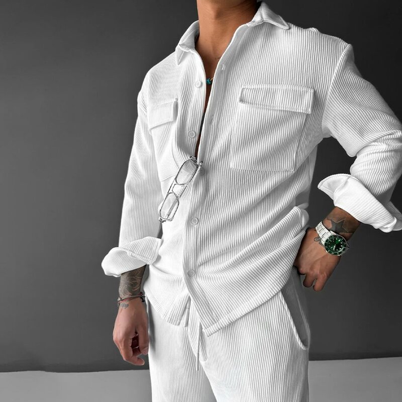 Men's clothing tradeアマゾン高级感メンズ长袖シャツ折り襟系バックル百合シャツ|undefined