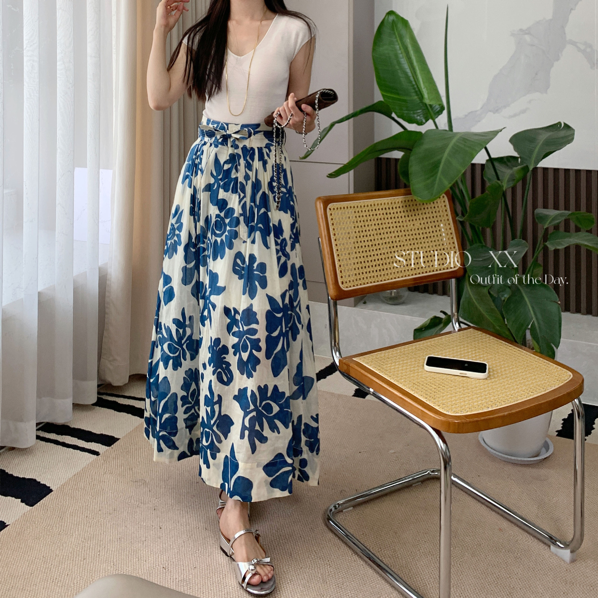 ED channel goods! French Style Holiday Style 100 Ramie Floral Umbrella Skirt Elegant Mid-Length A- Line Pleated Skirt for Women