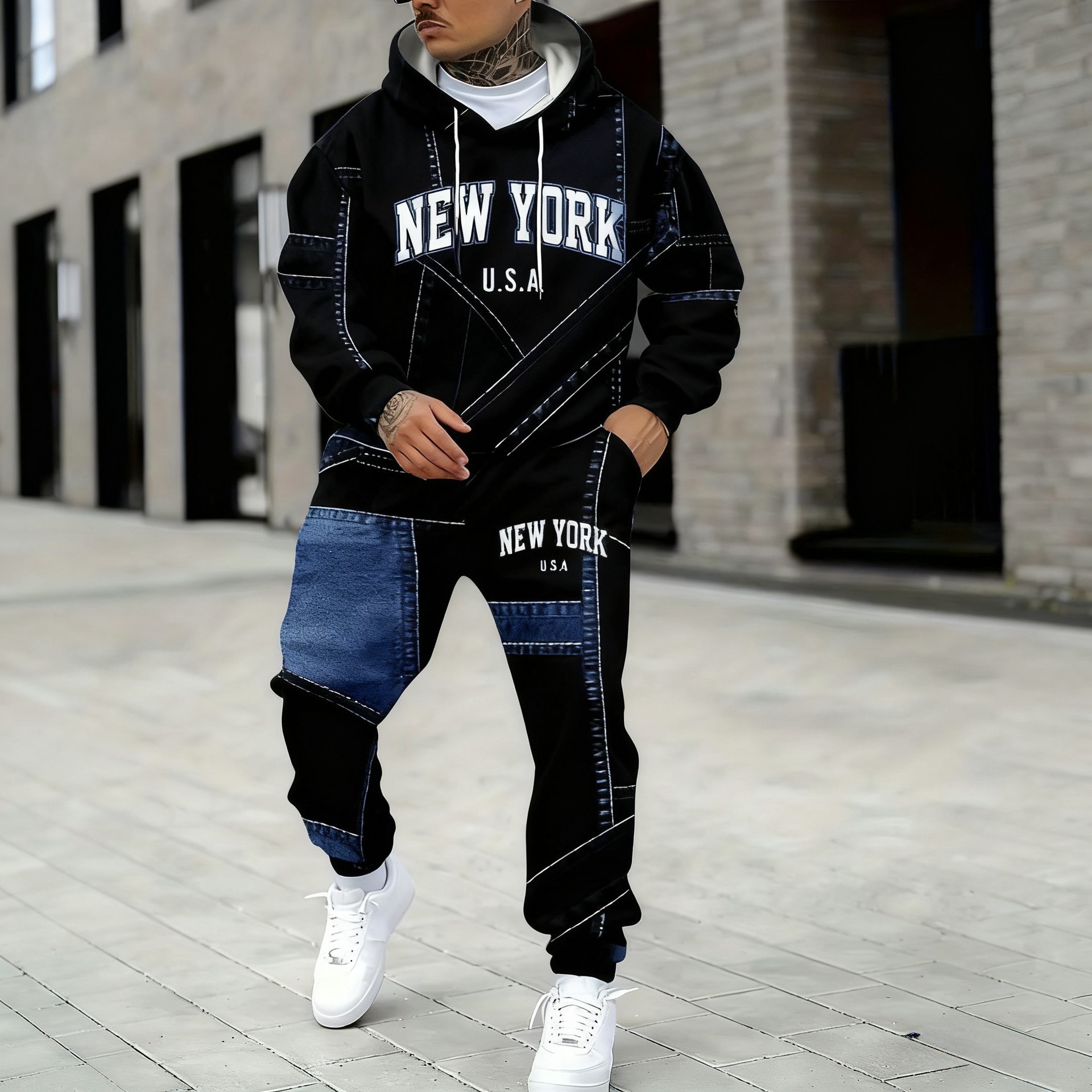 Ensemble sweat à capuche et jogging homme effet denim noir_voghion.com