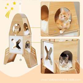 木制猫树火箭船窝室内猫用猫塔两层猫窝剑麻抓板垫悬挂球猫窝