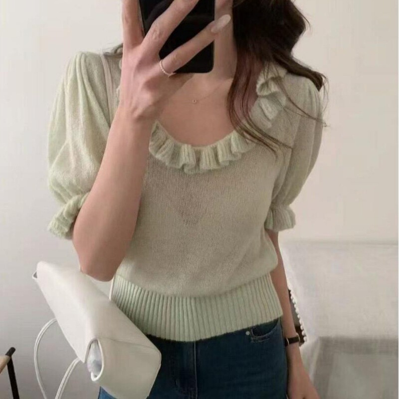 French-Style Gentle and Elegant Ruffled Round-Neck Short-Sleeve Knit Top for Women, New Spring/Summer Versatile Slim-Fit Blouse