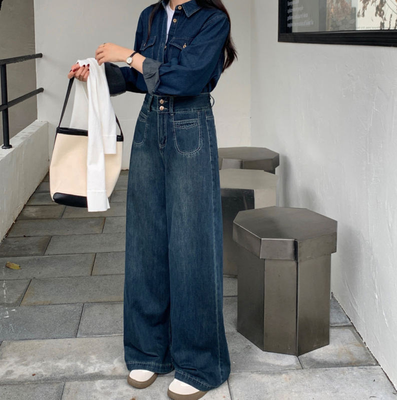Dark Blue Wide-Leg Jeans for Women, Autumn New Design, Retro Loose Wide-Leg Slimming Straight Floor-Length Pants